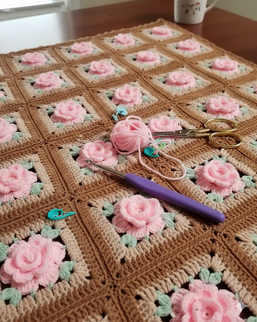 Blanket Afghan with Roses