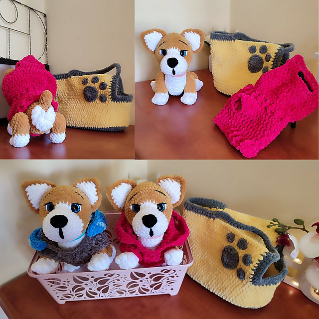 Amigurumi dog Corgi, jumpsuit, bag