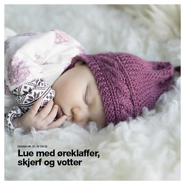 Lue med øreklaffer, skjerf og votter