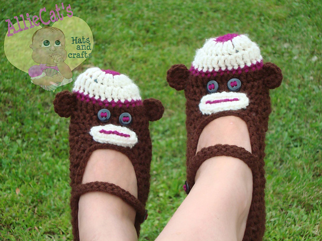 Monkey Face Mary Jane Slippers-Crocheted