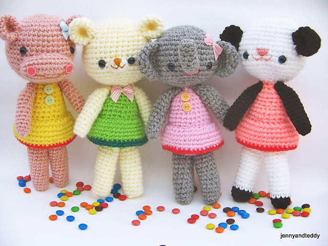 Amigurumi girlgang,panda,hippo,teddy,elephant