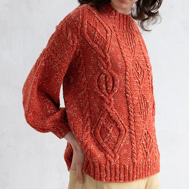 p.48 Cabled mock neck pullover