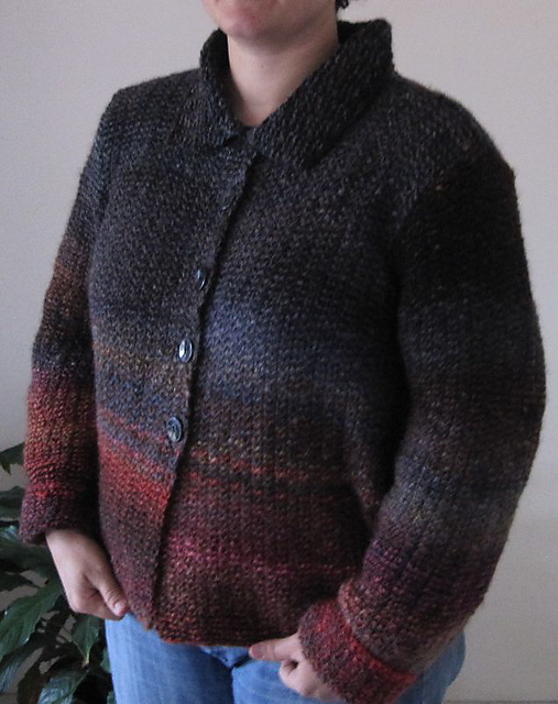 Collared Jacket in double moss st with shaped sides and set-in sleeves 