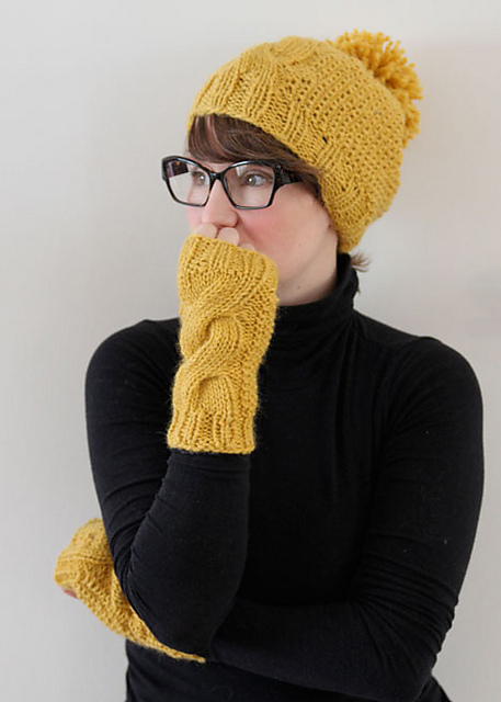 Warm winter pom pom hat with fingerless gloves