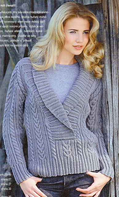 # 01 Cable sweater with low shawl collar neckline