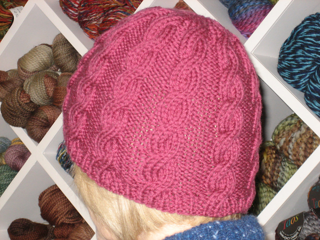 2 needle cabled hat in 5 gauges