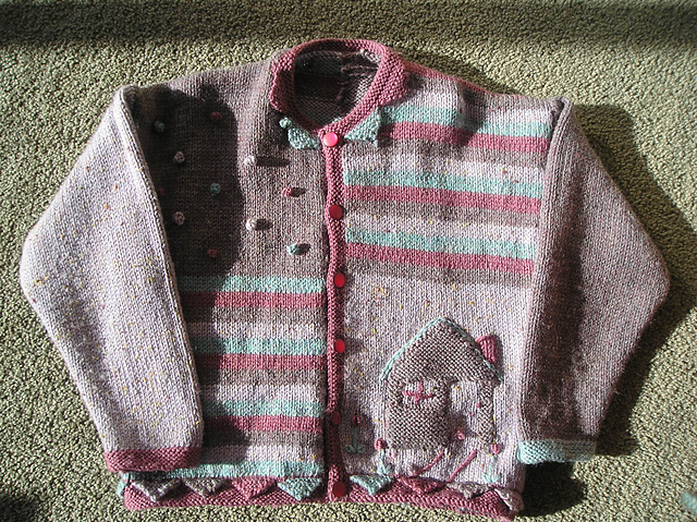 Design 7 - Child's Knitted Cardigan with Patchwork Squares of Stripes, Bobbles and a House, with Matching Hat