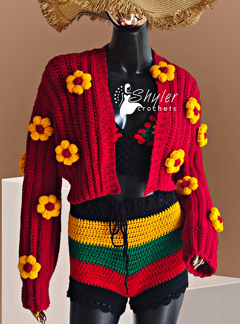 Puffy flower ribbed cardigan