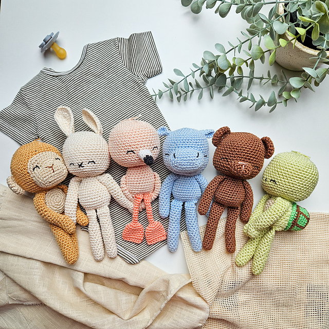 Doudou long: singe, tortue, flamant rose, lapin