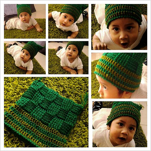 Green Basketweave Stripy Square Hat