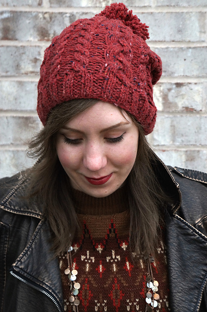 Slouchy Cable Hat with Pom-Pom