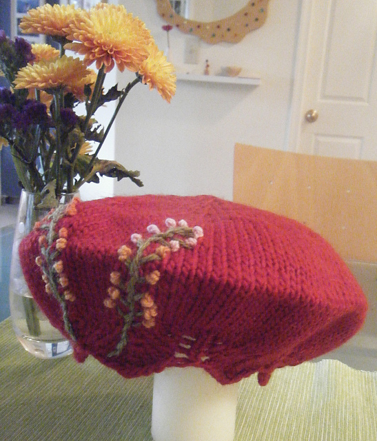 Red Beret with Lace Edge and Embroidered Flowers