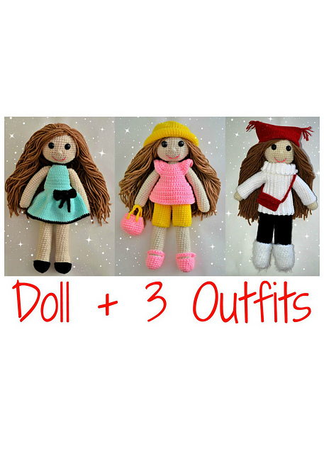 Crochet doll with 3 outfits