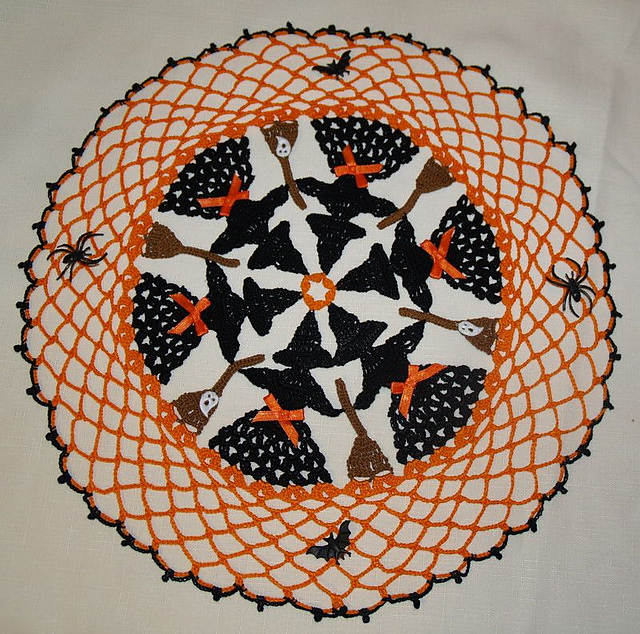 Halloween  Circle of Witches & Brooms Crochet Doily Pattern