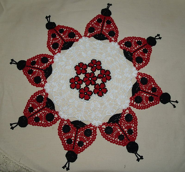 Ladybug and Flowers Crochet Doily Pattern