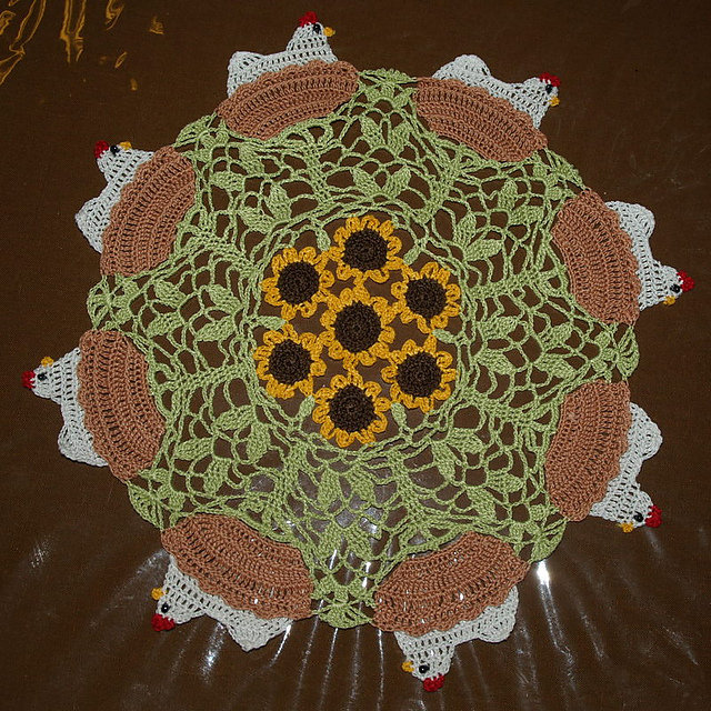 Chicken -Hen on Nest with Sunflowers Crochet Doily Pattern