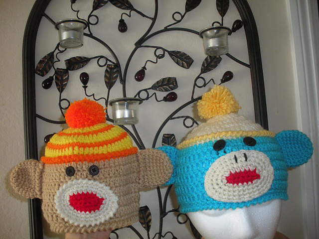 Striped and Solid Sock Monkey Beanie Pattern 2 Patterns